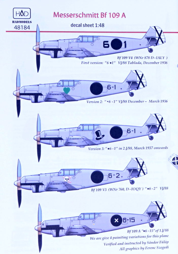 1/48 Decal Messerschmitt Bf 109A (5x camo)