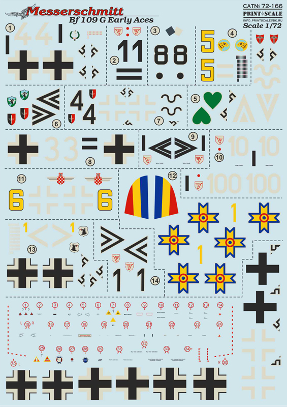 1/72 Messerschmitt Bf 109G Early Aces (wet decals)