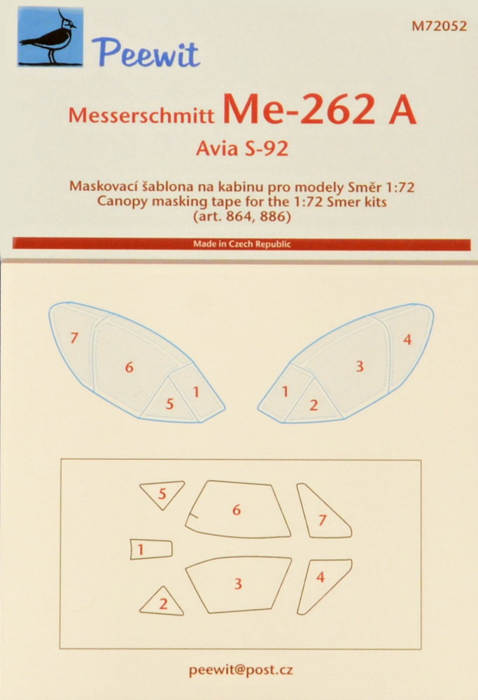 1/72 Canopy mask Messerschmitt Me-262A (SMER)