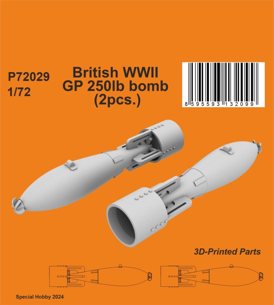 1/72 British WWII GP 250lb. bomb, 2 pcs. (3D-Pr.)